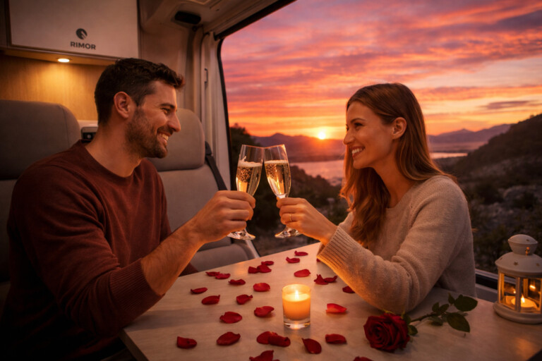camper en medio de la naturaleza y pareja dentro sentada