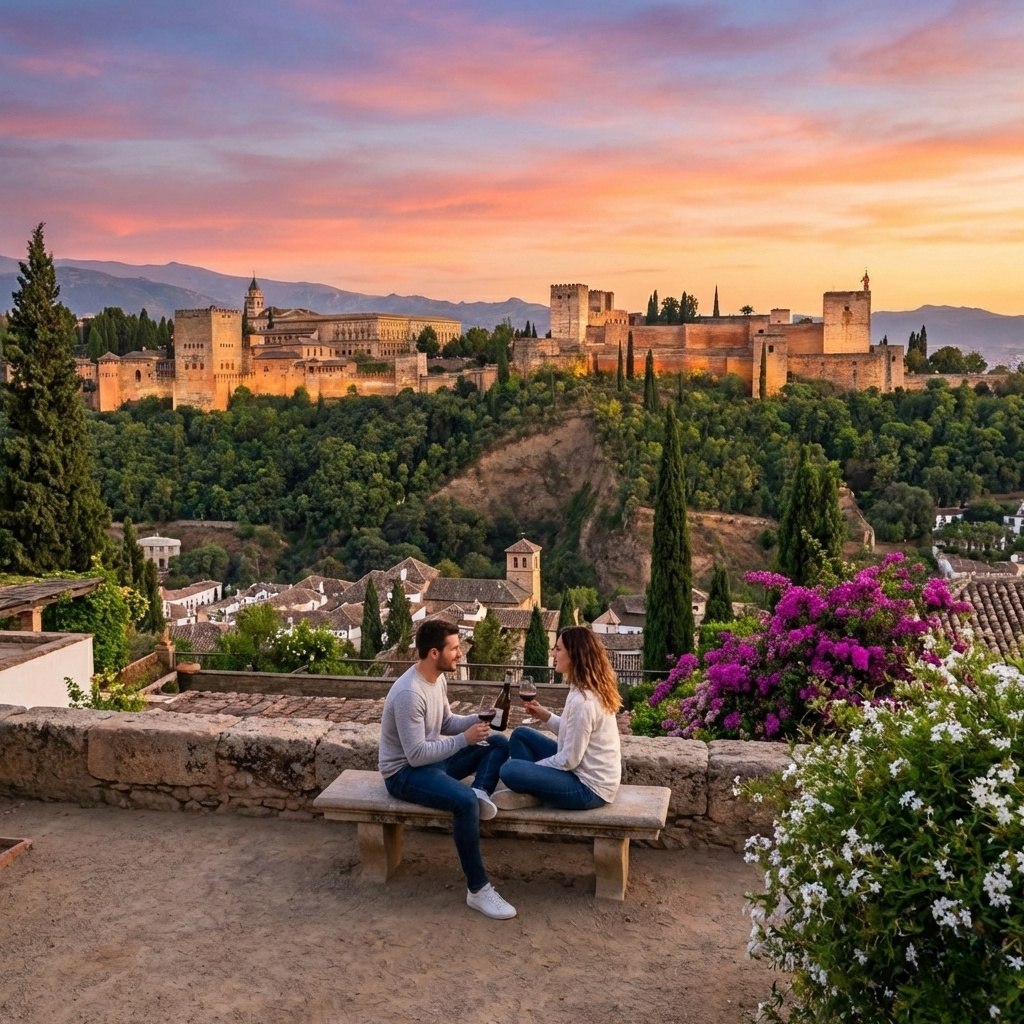 Pareja sentrada frente  alhambra de granada