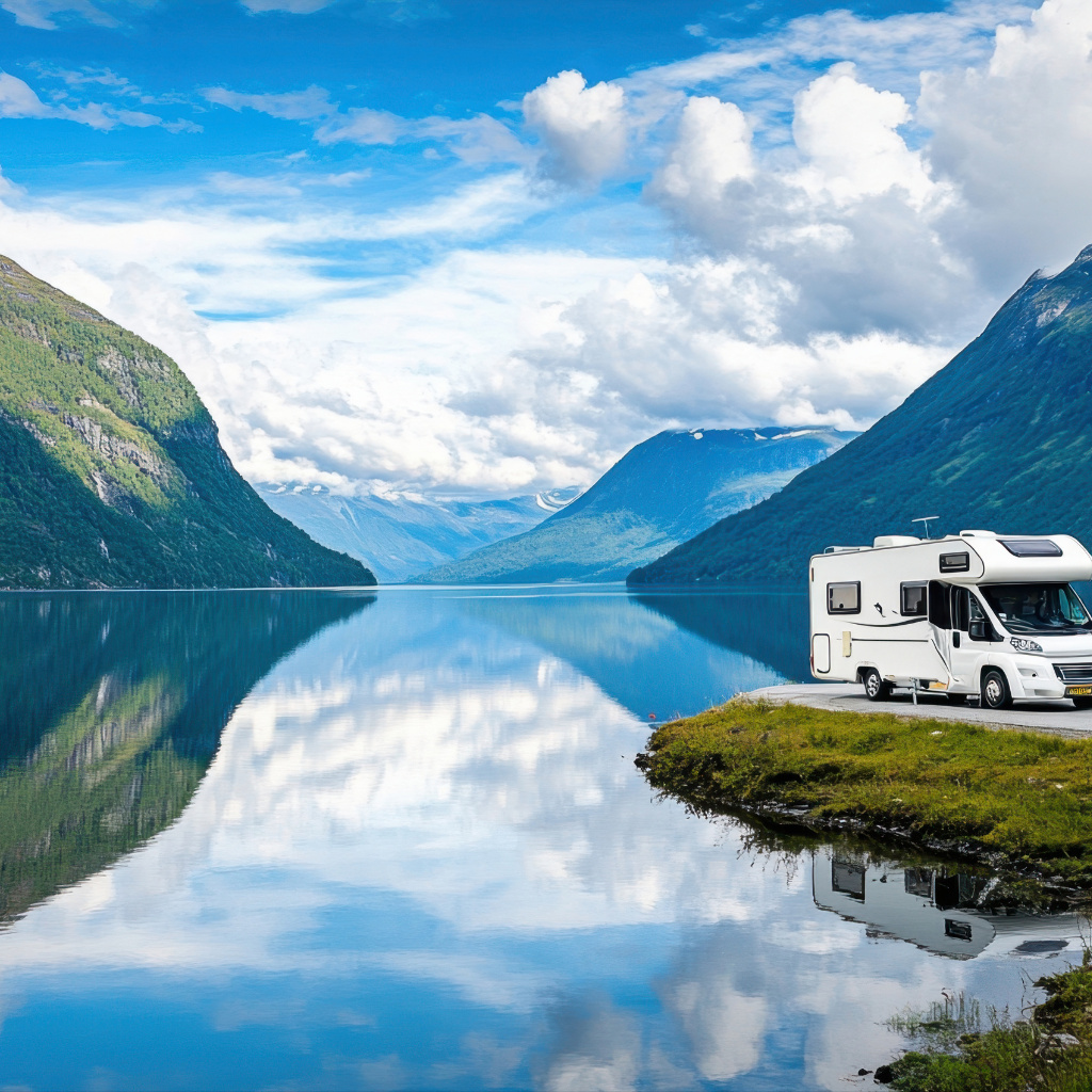 autocaravana parada en medio de la sierra y un lago 