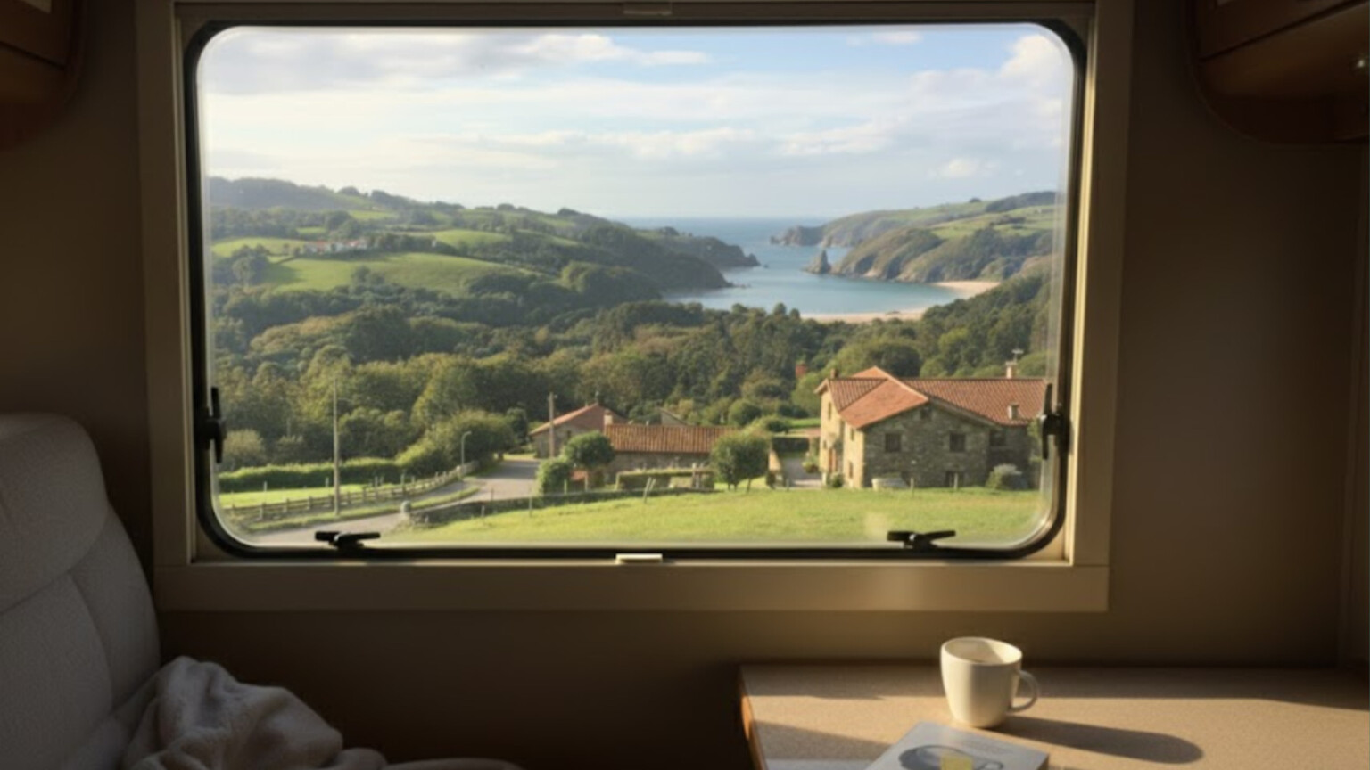 vistas dentro de una autocaravana a un paisaje verde del norte de españa